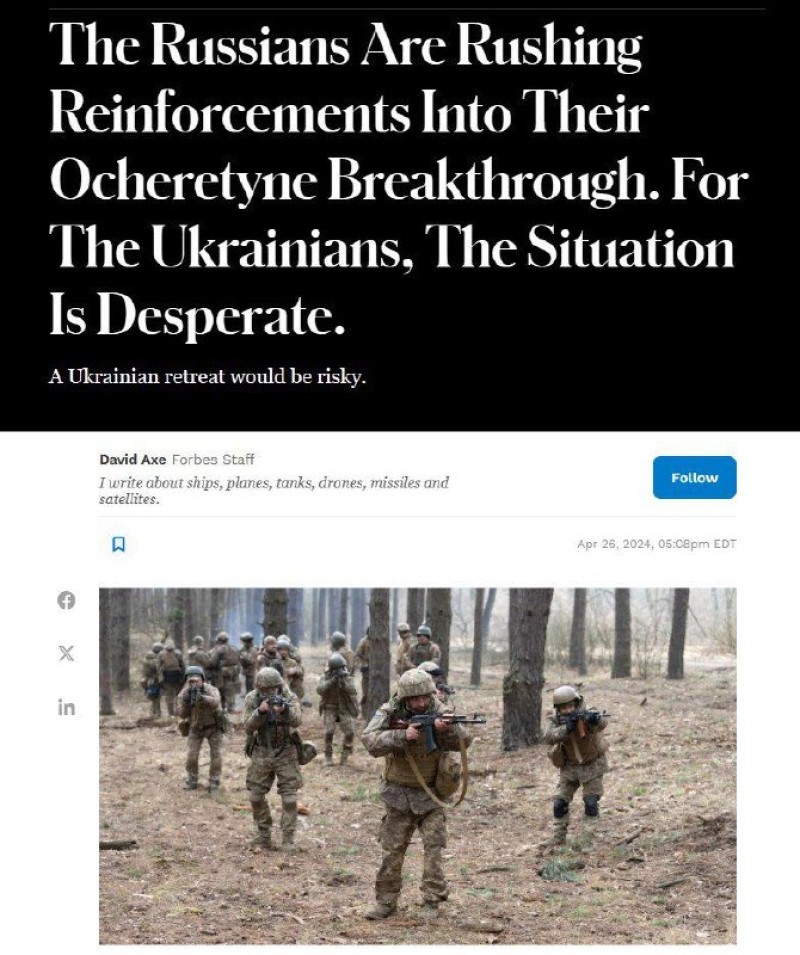 Forțele armate ucrainene din regiunea Ocheretino au o „situație disperată”, scrie Forbes.